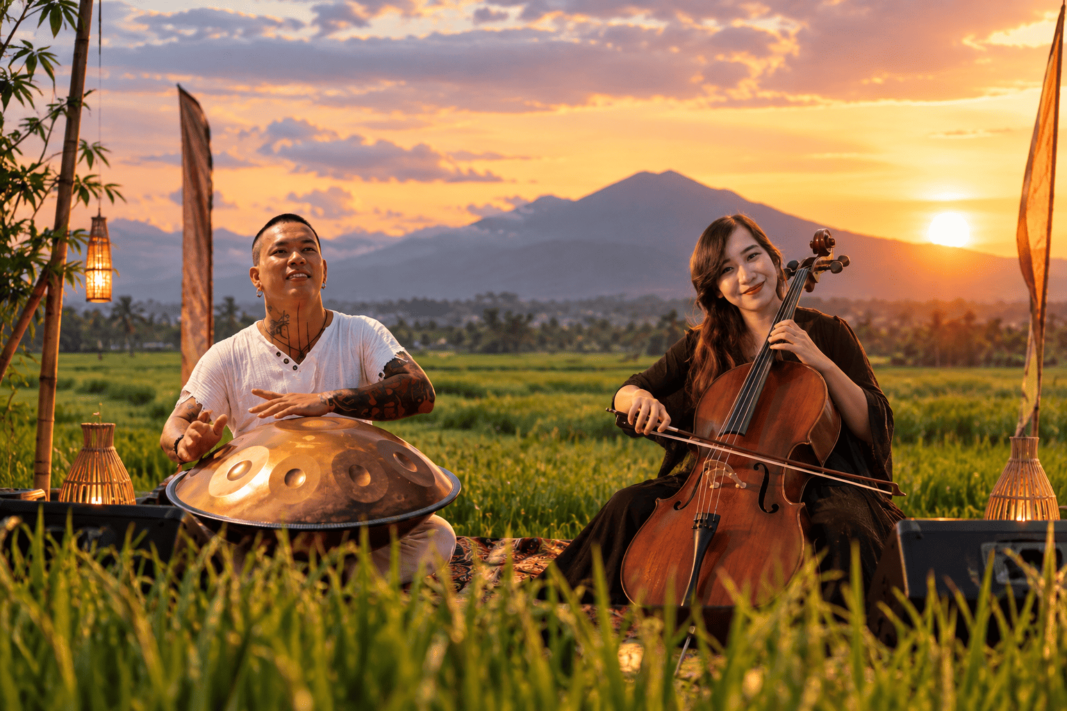 Handpan and cello performance in the rice fields
